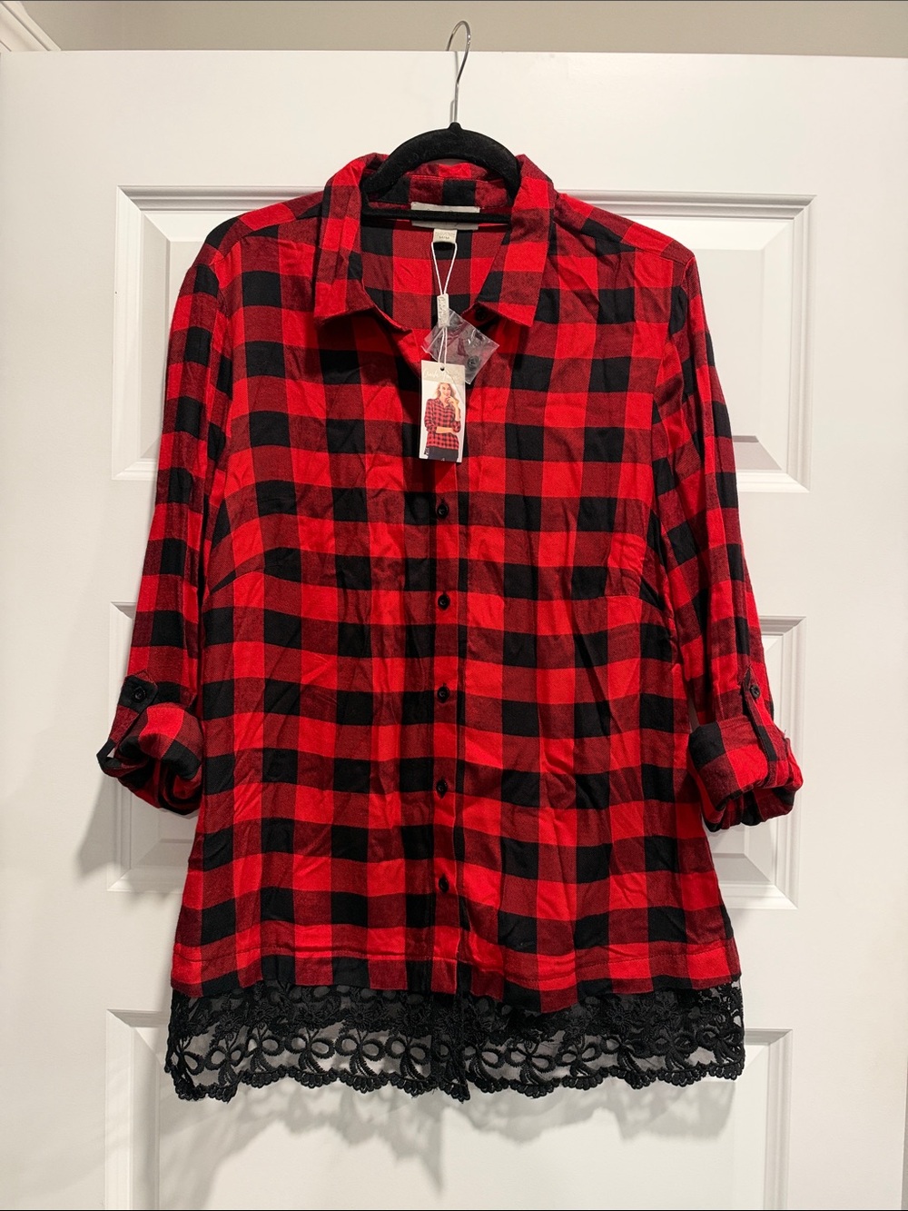 Charlie Paige Red and Black Buffalo Plaid Thin Button-Down with Lace Hem